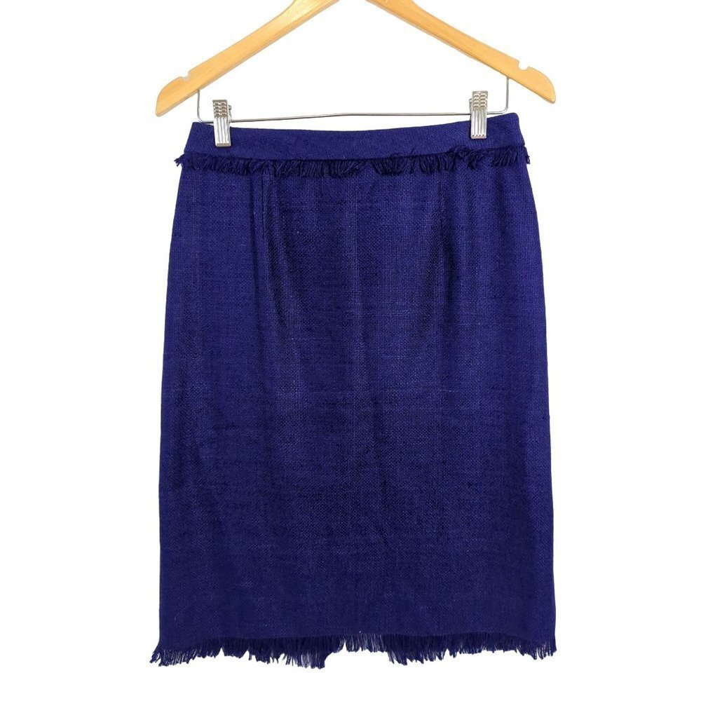 Worth Skirt Womens 8 Blue Silk Straight Pencil Tweed Fringe